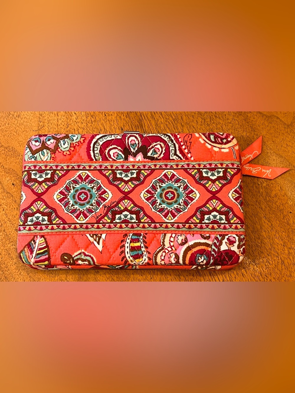 Vera Bradley Zip Around Wallet Coral Pink Paisley Quilted EUC